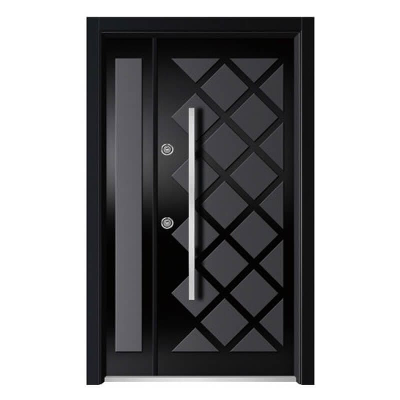 Kest premium black security door with geometric diamond pattern and vertical decorative glass panel.