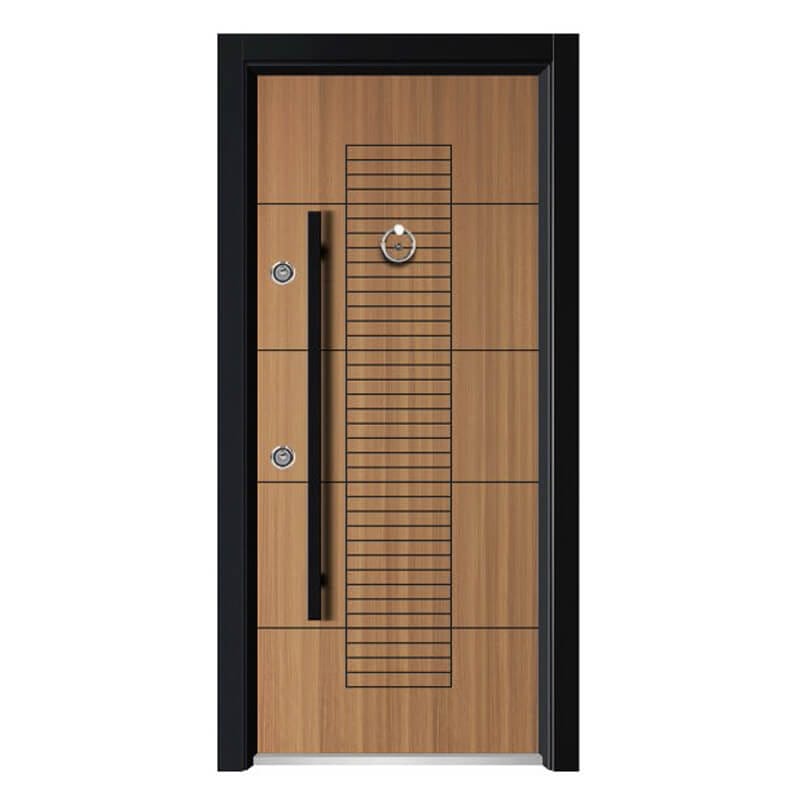 Kest modern security door with light wood grain finish, black frame, and long vertical handle.