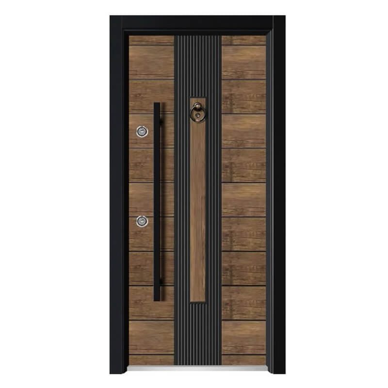 Kest modern security door with vertical split design, featuring warm oak wood grain and charcoal grey ribbed metal panel.
