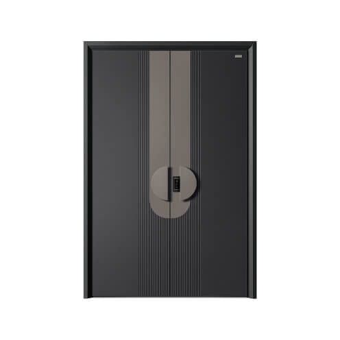 Kest luxury villa security door with vertical ribbed texture and central circular designer handle.