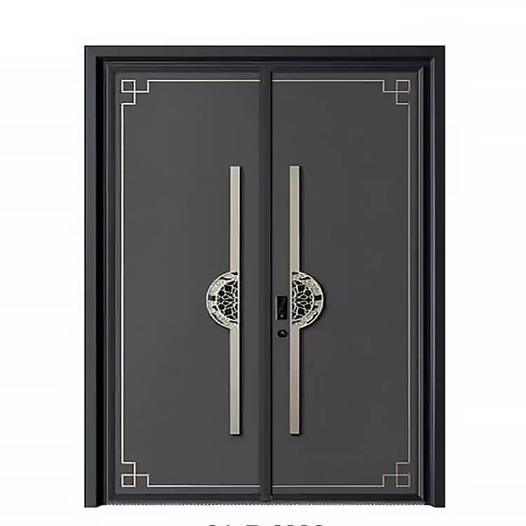 Kest luxury villa double entrance door with modern grey finish, silver geometric patterns, and traditional Chinese carved handles.