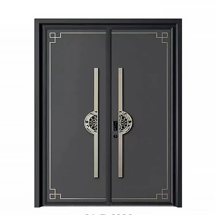Kest luxury villa double entrance door with modern grey finish, silver geometric patterns, and traditional Chinese carved handles.