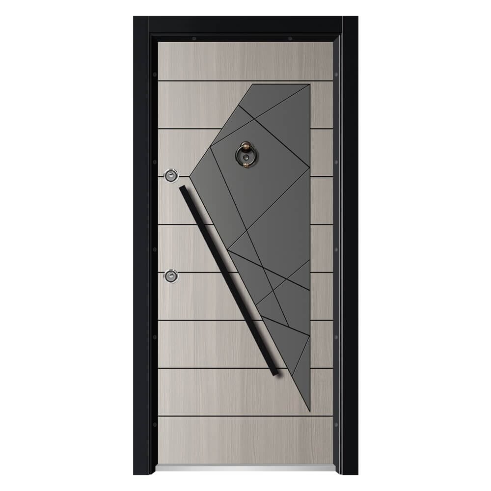 Kest modern security door with asymmetric geometric overlay, grey panels, and light wood grain texture.