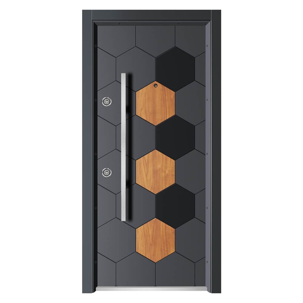 Kest luxury security door featuring a 3D hexagonal honeycomb pattern in charcoal grey and natural wood accents.