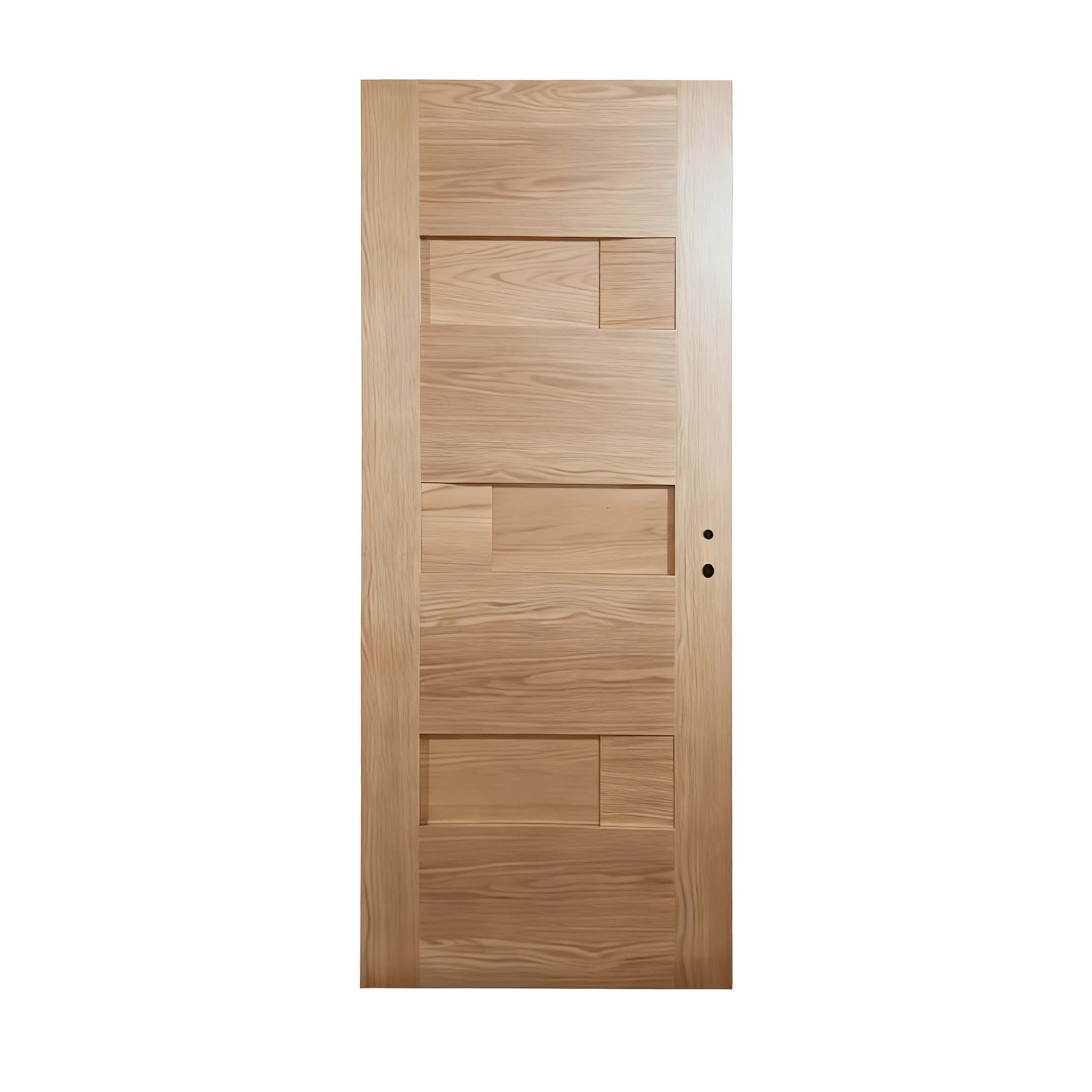 Kest modern oak interior door with asymmetrical wood grain patchwork design.