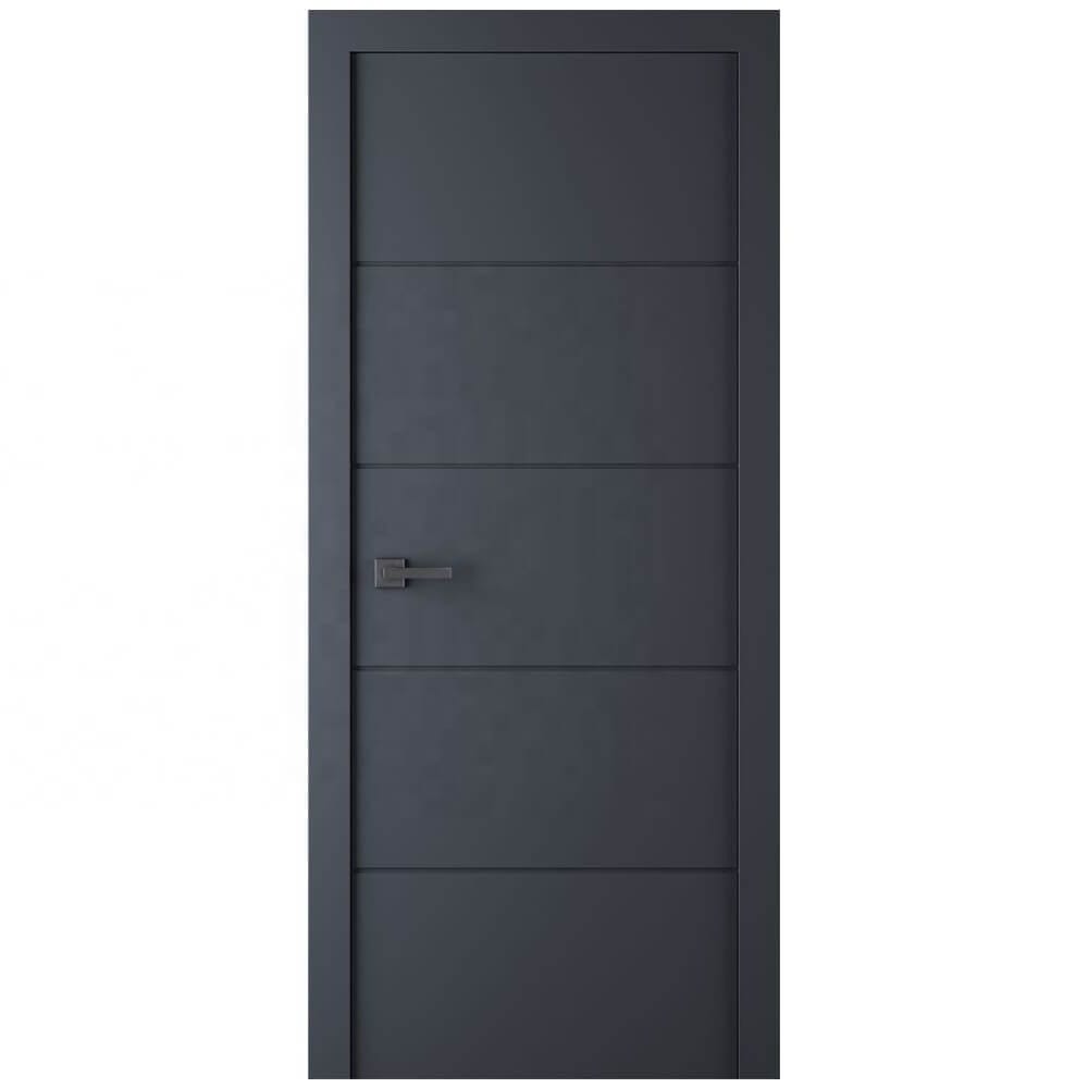 Kest modern dark grey interior door with horizontal groove lines and sleek metal handle.