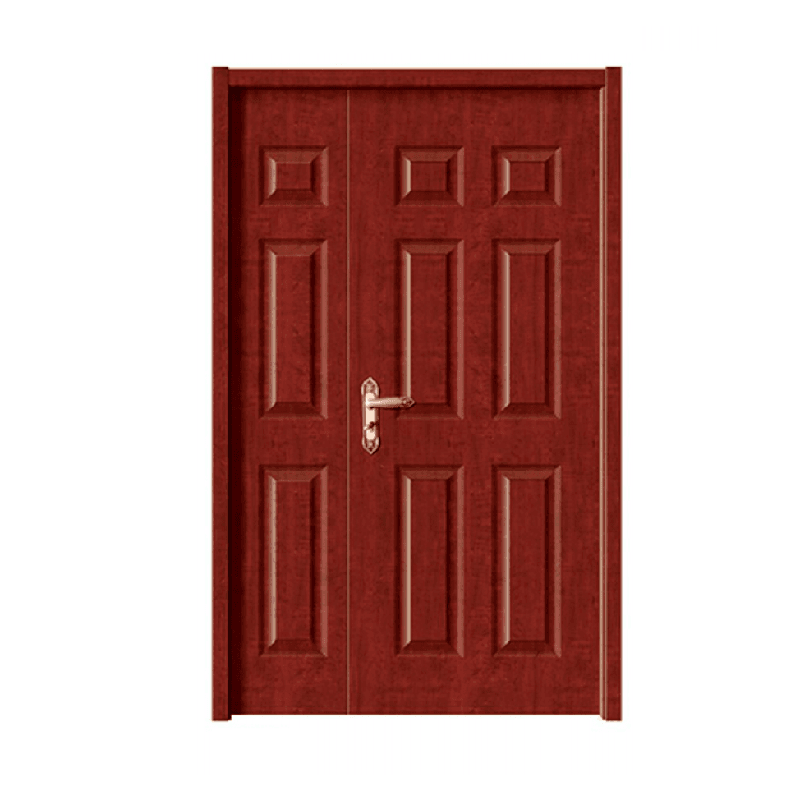 Kest classic 6-panel WPC interior door in deep redwood finish with silver lever handle.