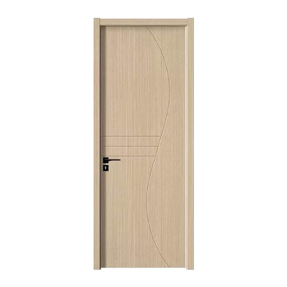 The Kest kestwpc004 is a high-end Wood Plastic Composite (WPC) door that offers the majestic look of dark walnut with the added benefits of modern technology. It features a striking rectangular gold inlay with a unique geometric notched design near the handle. This door is 100% waterproof, termite-proof, and fire-retardant, making it an ideal choice for luxury bedrooms, executive offices, and upscale bathrooms.