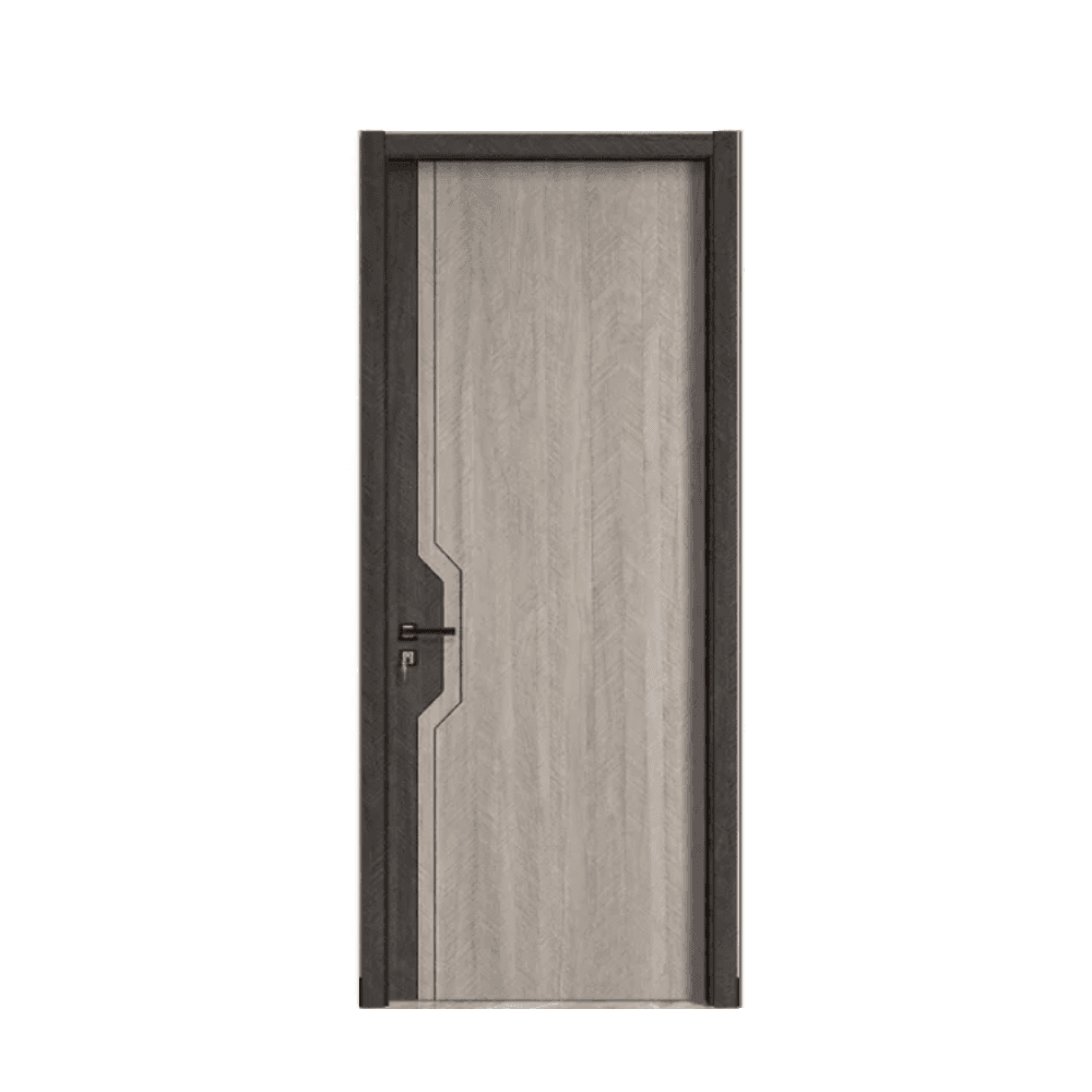 Kest modern WPC interior door with light grey wood grain and asymmetrical geometric panel design.