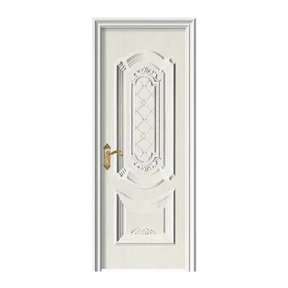 Kest waterproof WPC interior door with classic white European carved patterns and gold handle.