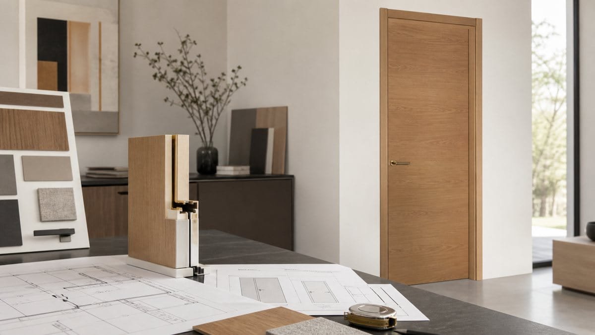 Architectural interior door specification review with door frame sample and project drawings