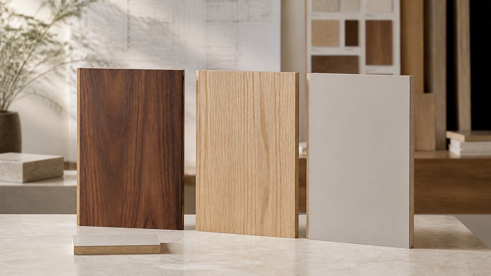 Walnut veneer, oak veneer and matte laminate door finish samples in an architectural materials studio