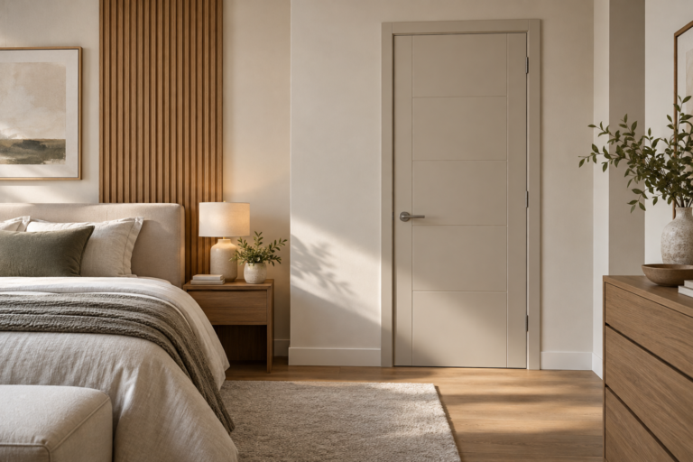 Modern bedroom with a coordinated interior door and frame