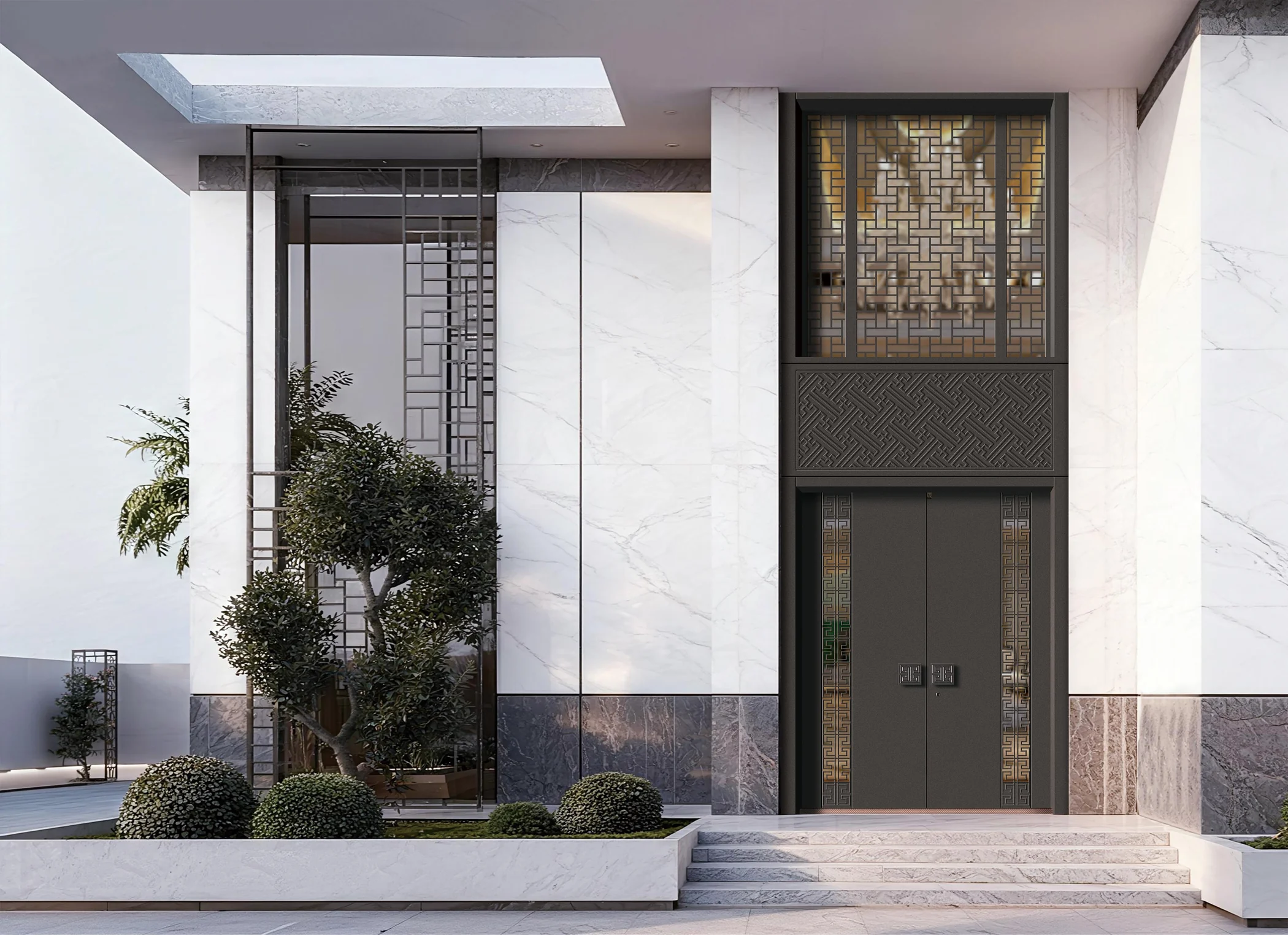 Decorative double entrance door in a contemporary courtyard
