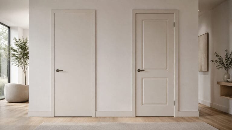 Two interior doors side by side: a smooth flush door and a classic recessed-panel door