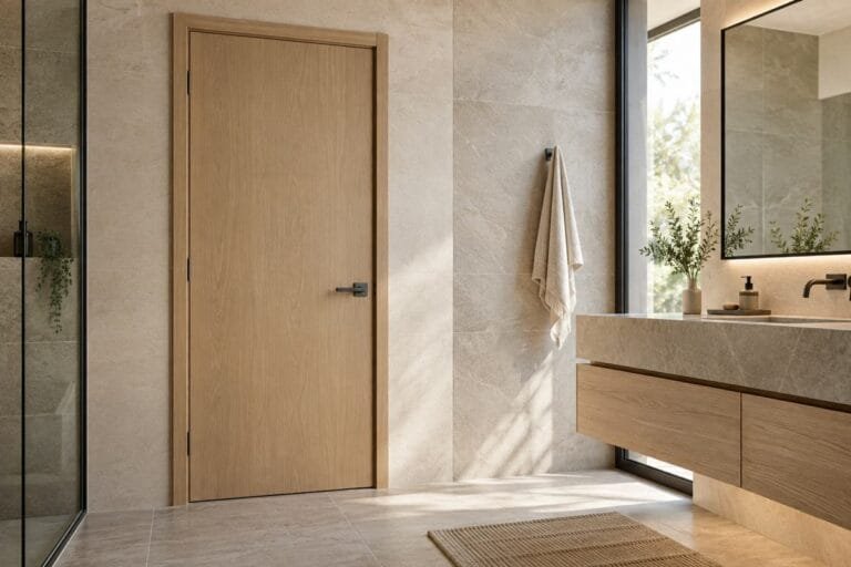 Modern light wood interior bathroom door in a hotel-style bathroom