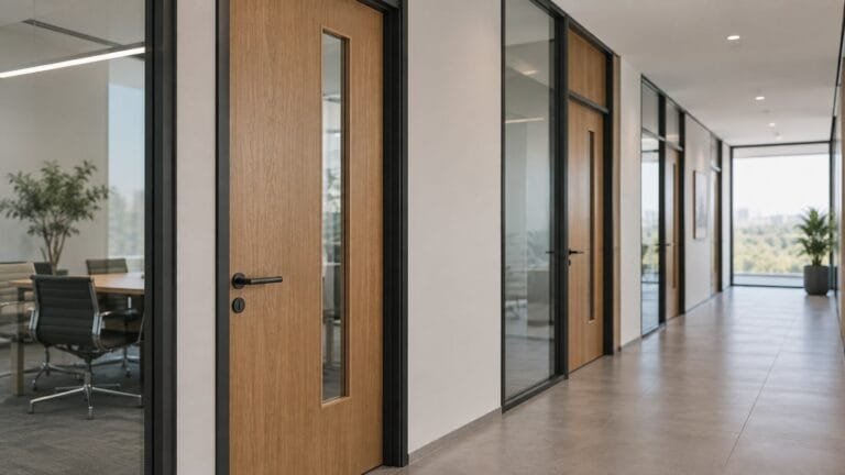 Modern office corridor with wood interior doors and narrow vision panels