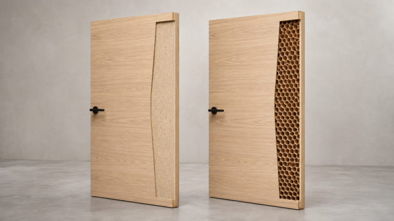 Side-by-side cutaway comparison of solid core and honeycomb hollow core interior doors